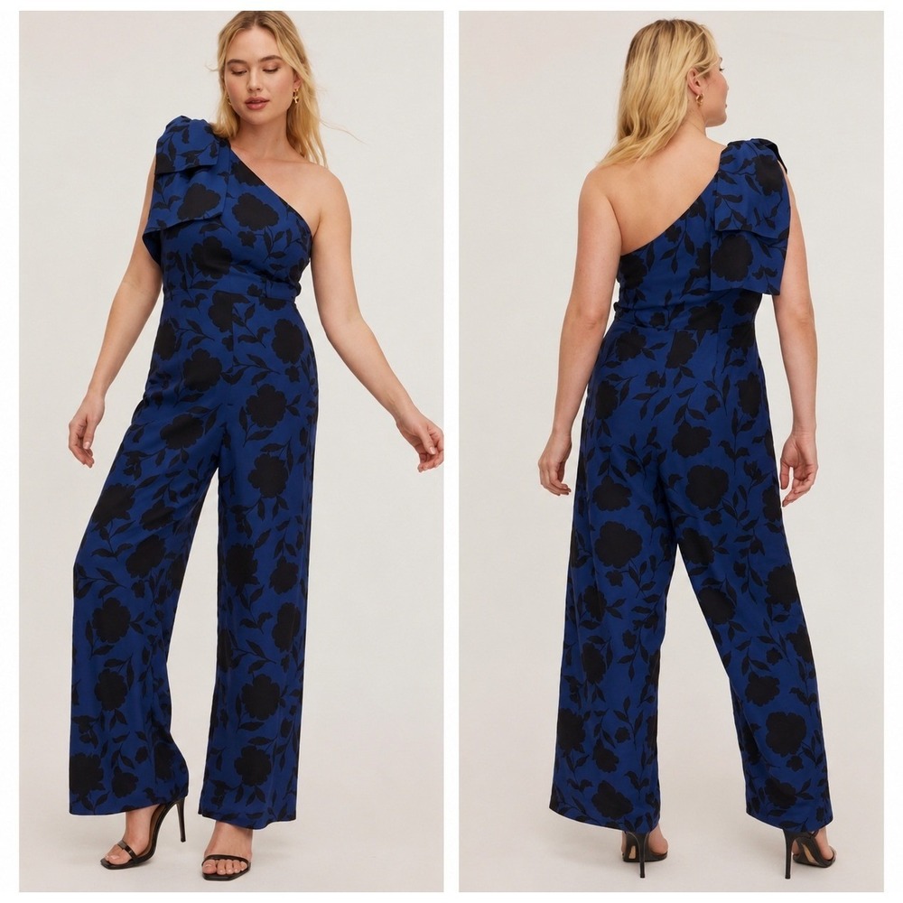 Kate Spade Target Classic Rose Jumpsuit 14 Blue Black Floral One Shoulder Linen